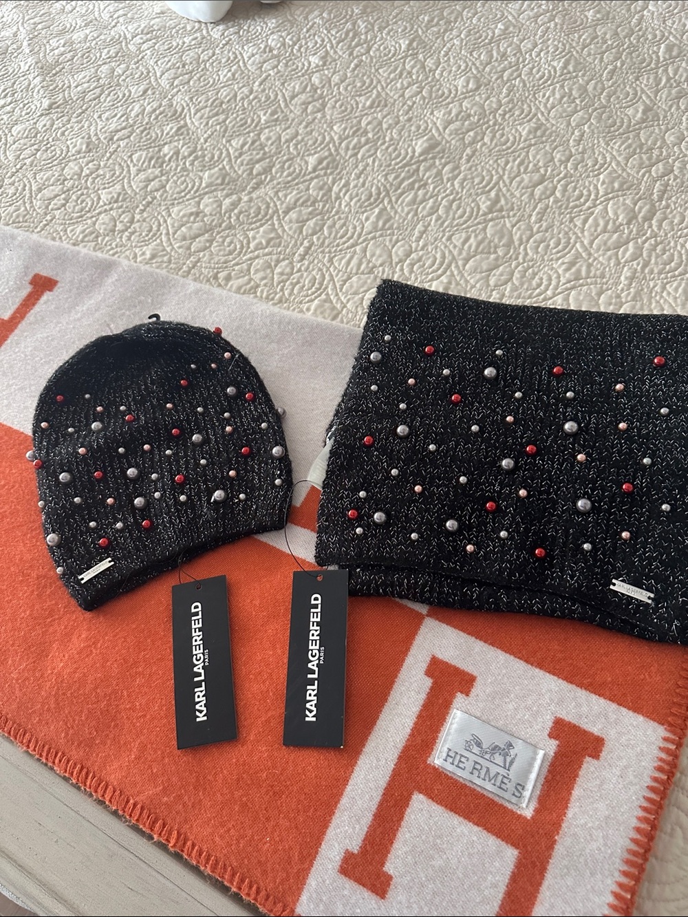 Karl Lagerfeld Kids Black Knit Beaded Hat & Neck Warmer Set